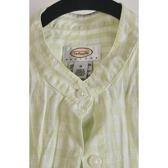 Vintage TALBOTS green white plaid button down Mock‎ neck shirt woman Sz M - Picture 5 of 6
